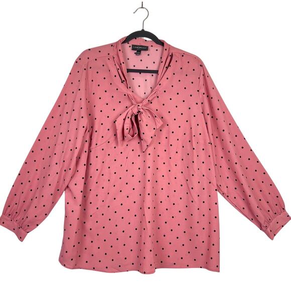 Lane Bryant 2XL Blouse Pink and Black Polka Dot Long Sleeve Tie Neck 18/20 - Picture 3 of 10